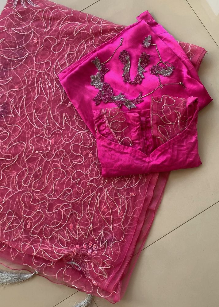 Pink Embroidered Saree &amp; Blouse Set