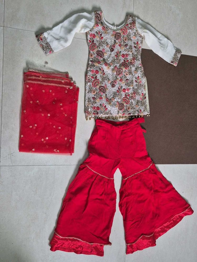 Girls&#39; Red Embroidered Sharara Suit