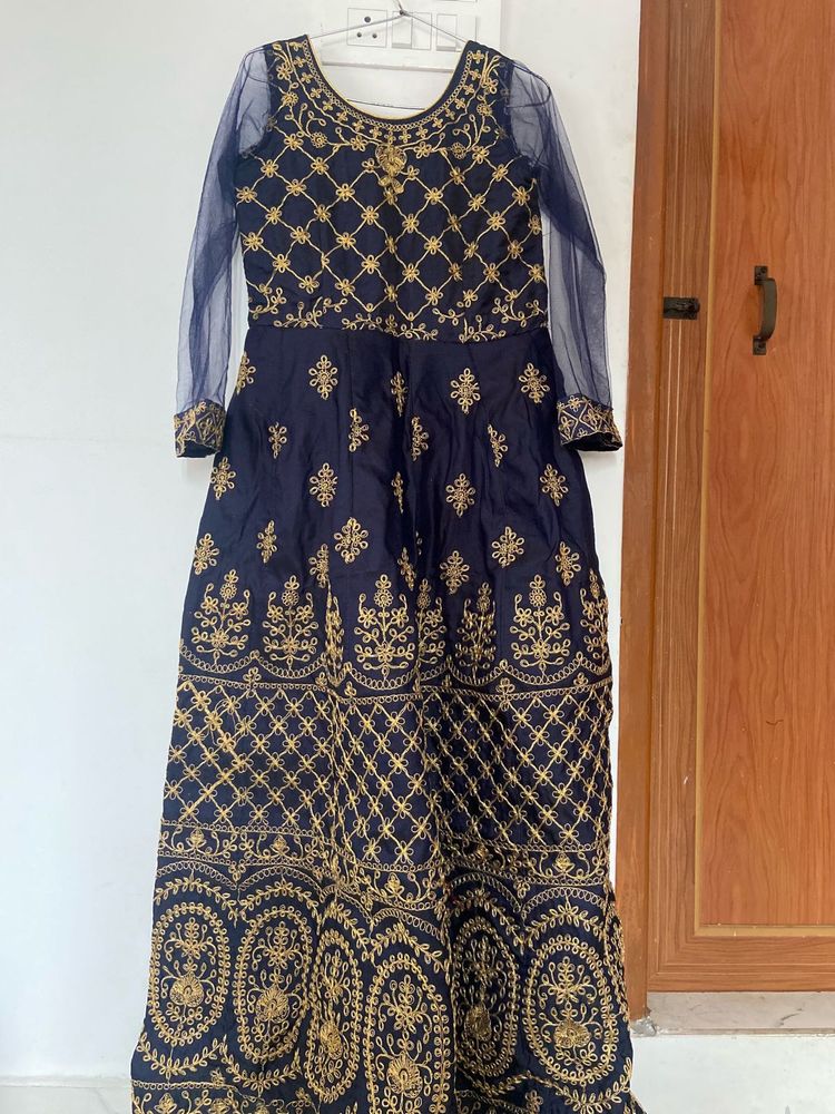 Navy &amp; Gold Embroidered Anarkali gown