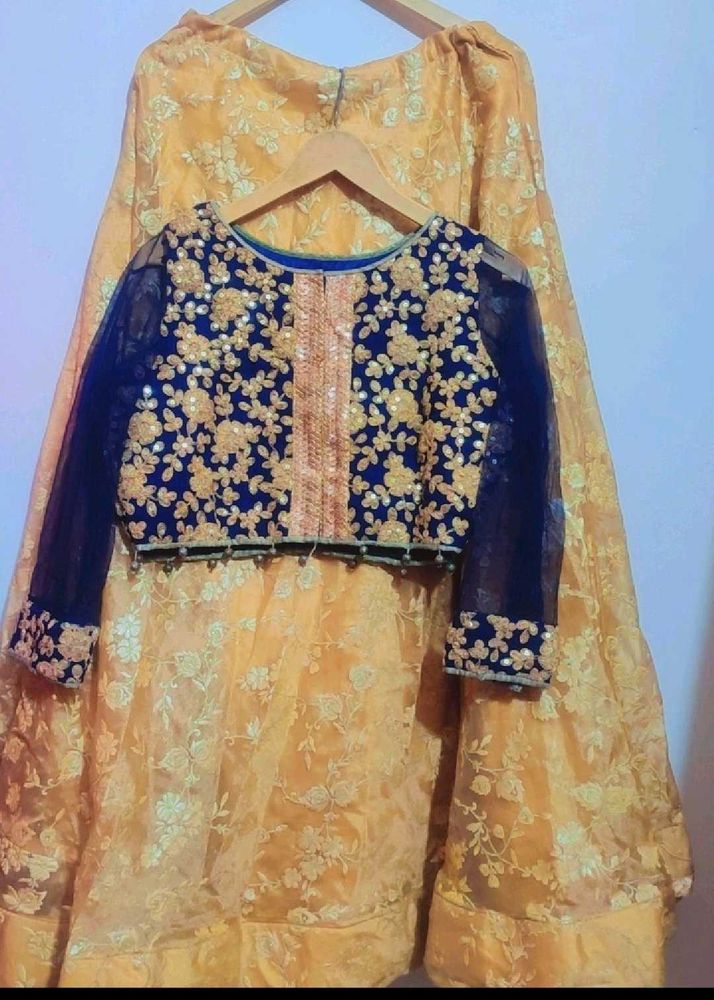Navy Blue Blouse &amp; Golden Skirt Set For 36 Bust