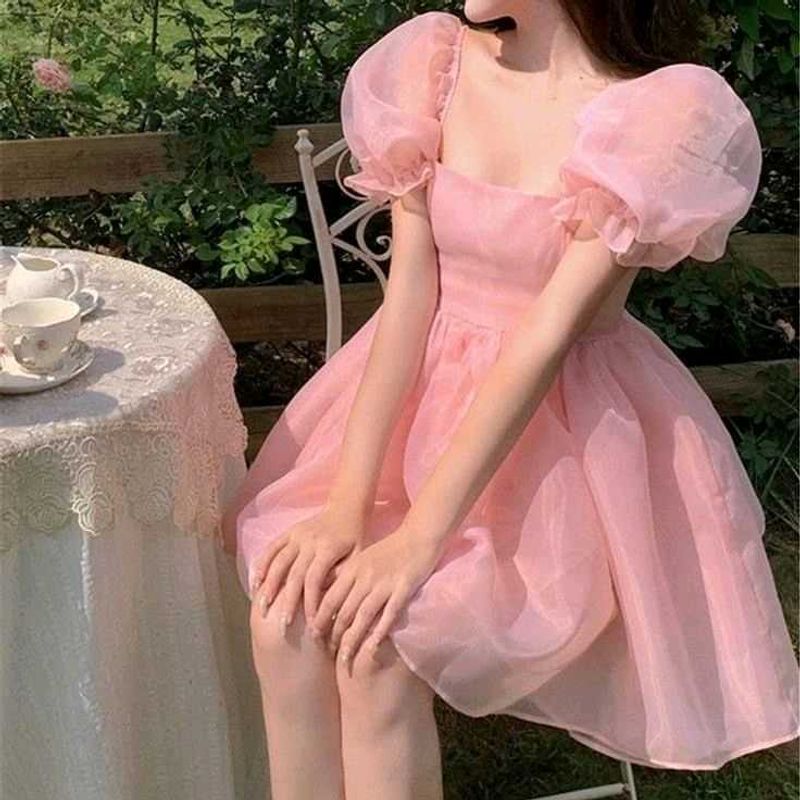 Pink Organza Puff Sleeve Dress