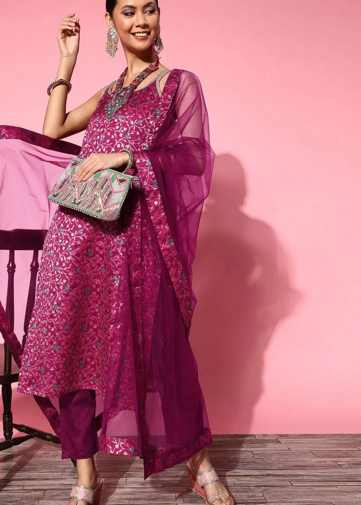 Inddus Magenta Embroidered Kurta Set