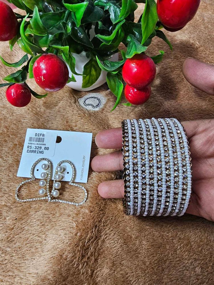 Combo Of White Stone Earrings And Bangle