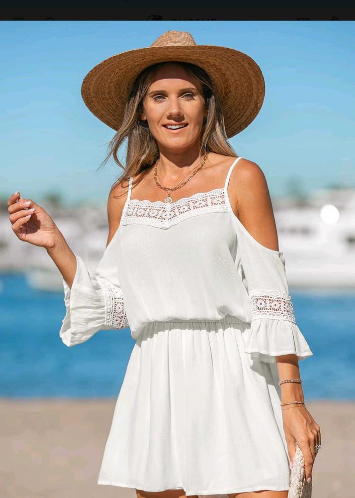 White Lace Trim Cold Shoulder Dress