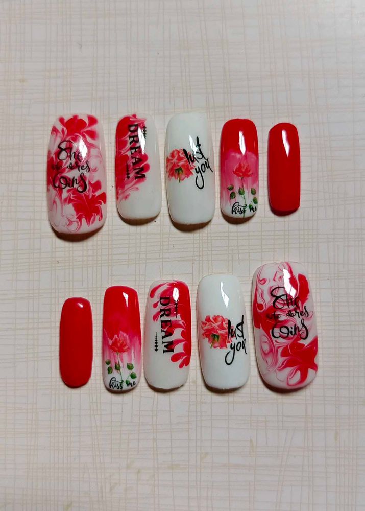 Red &amp; White Floral Press-On Nails