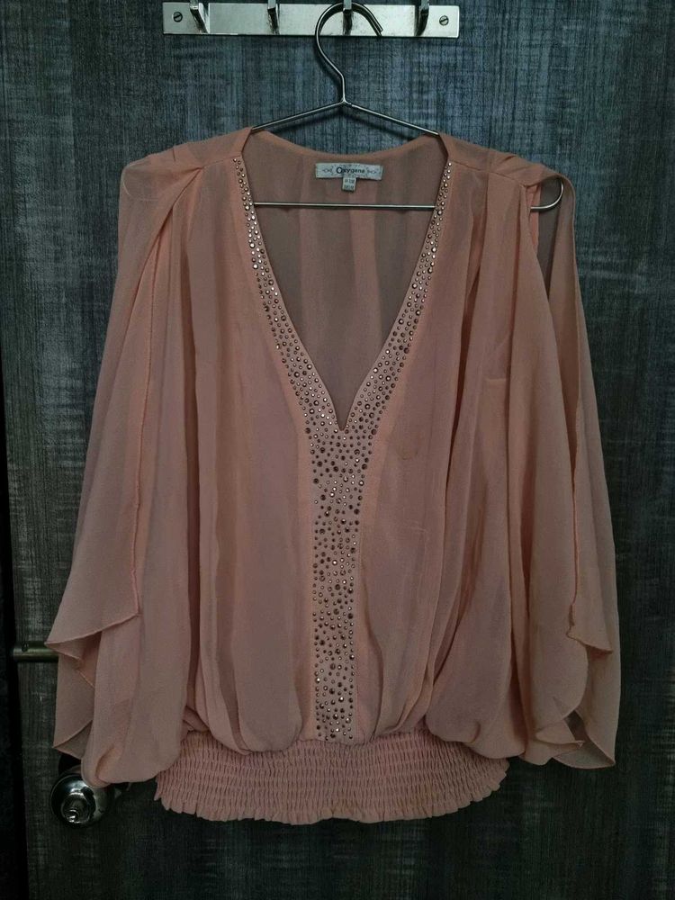 Peach-Pink Chiffon V-Neck Top