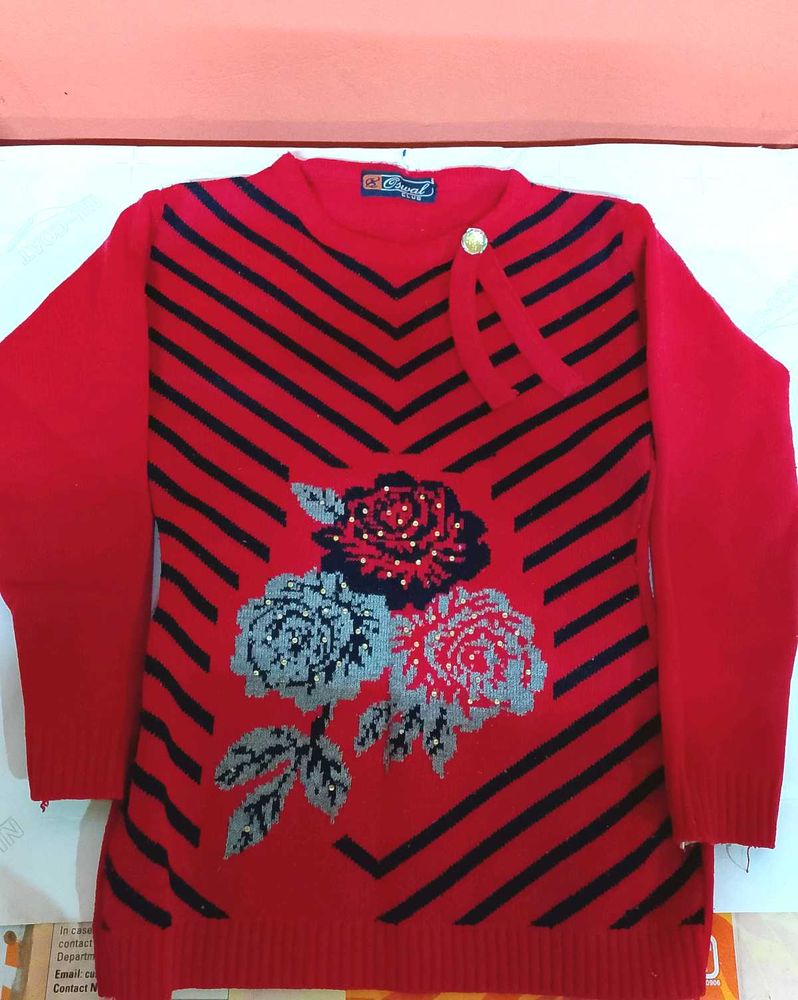 Red Floral Embellished Sweater