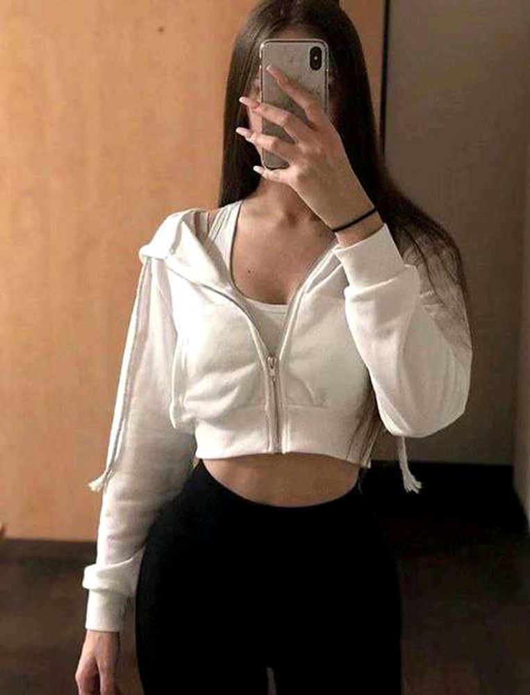 White Cropped Zip Hoodie