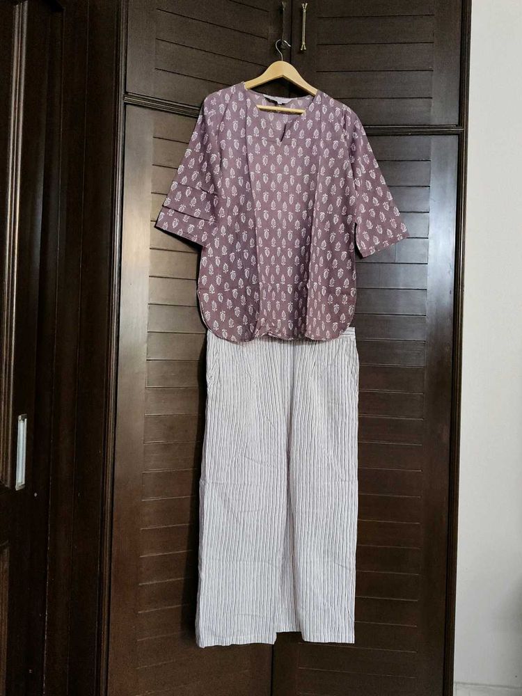 Women Mauve Cotton Striped Night Suit