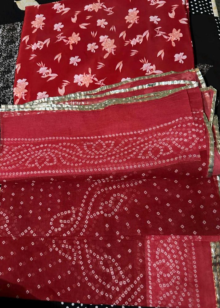 Red Floral &amp; Bandhani Print Fabric Set