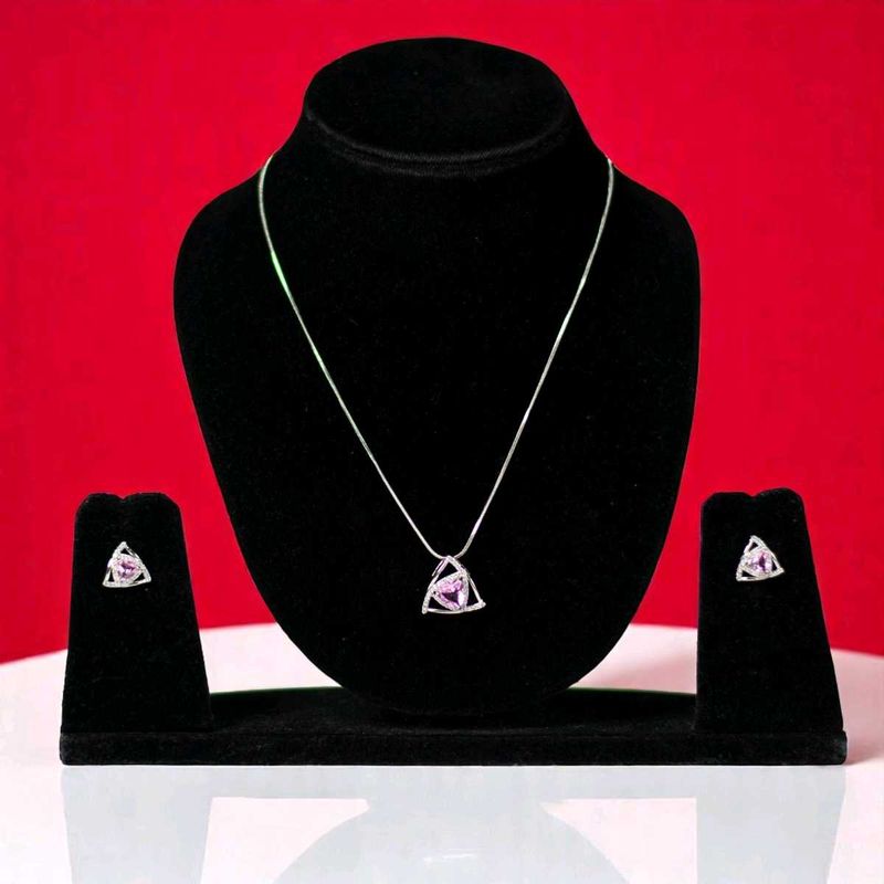 Pink Gemstone Silver Pendant Set