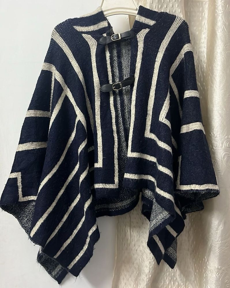 Striped Poncho with Buckle Detail