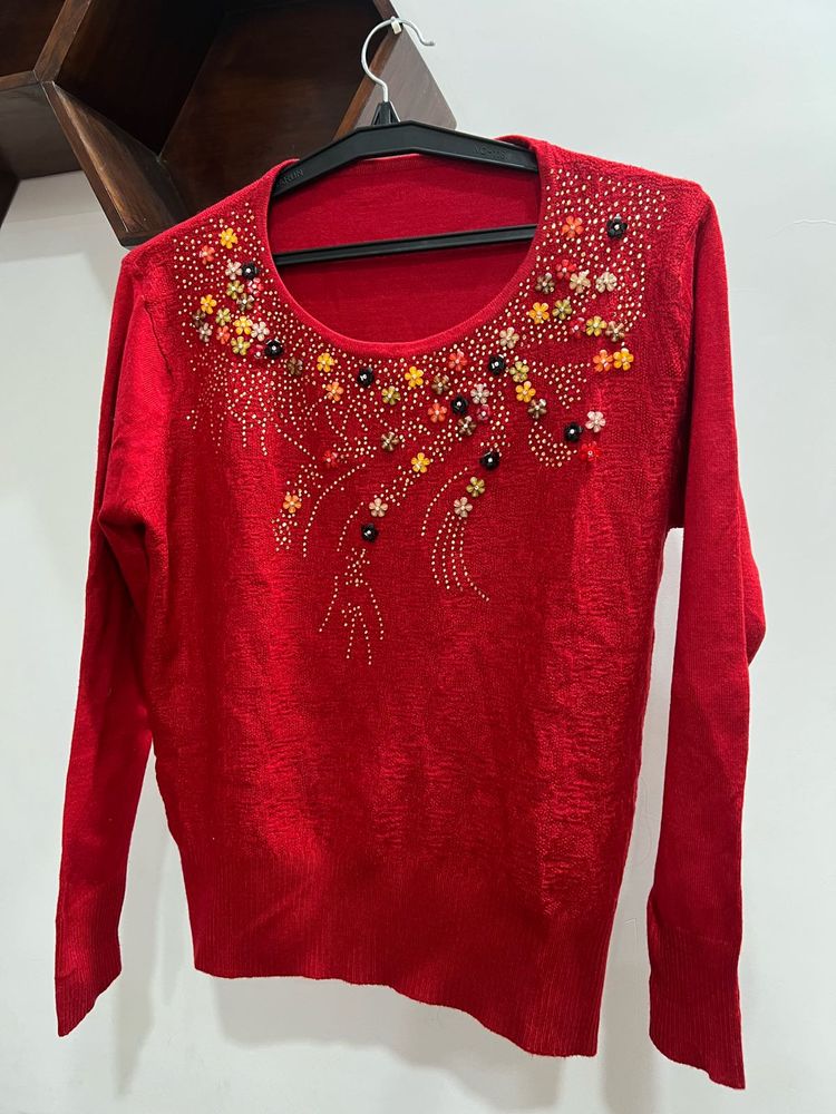 Red Embellished Sweater