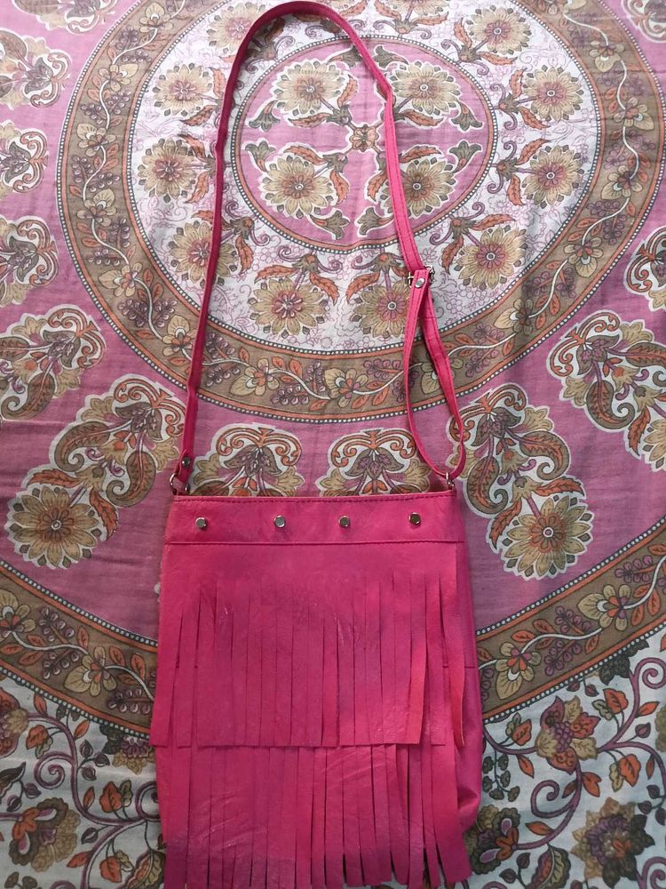 Pink Faux Suede Fringe Crossbody Bag