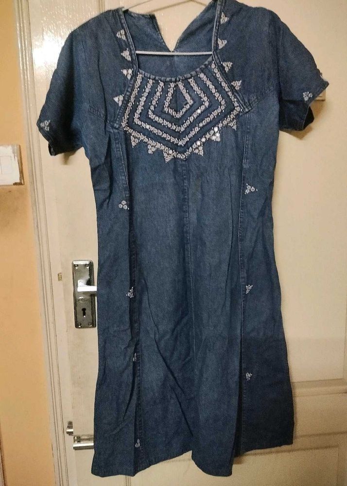 Denim Dress/ Gown With Embroidery