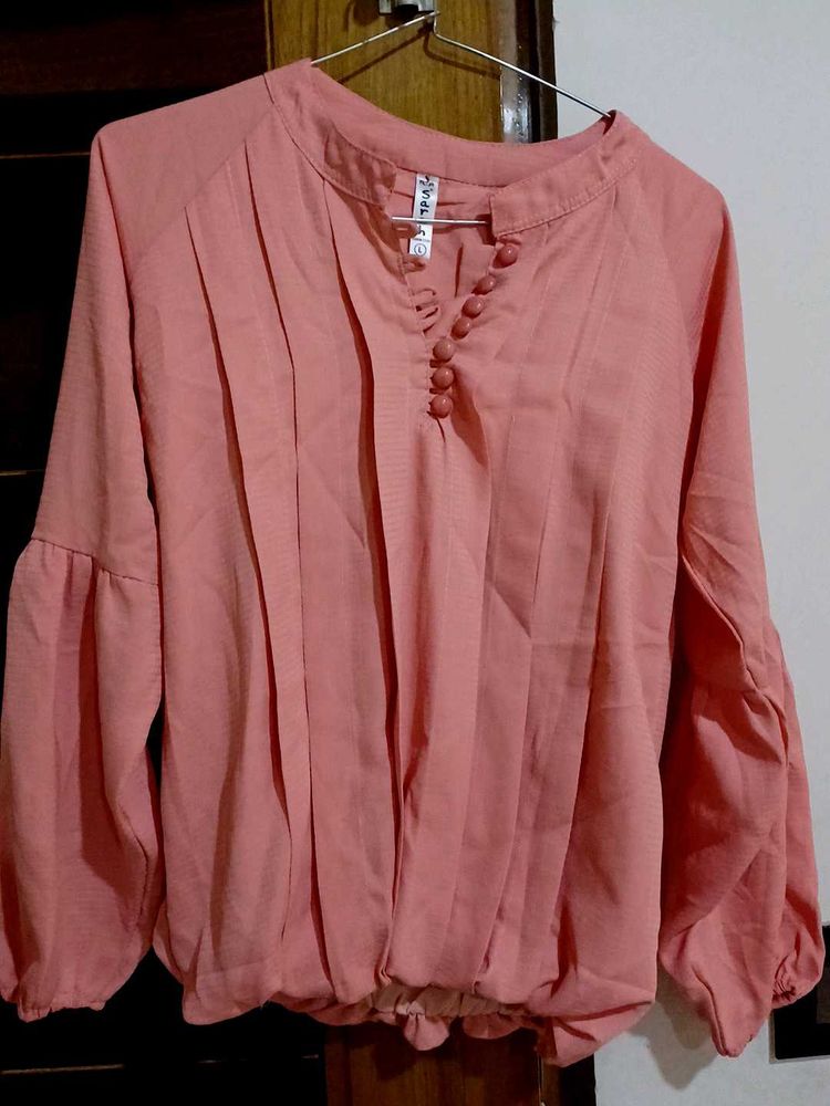 Coral Blouse with Bishop Sleeves
