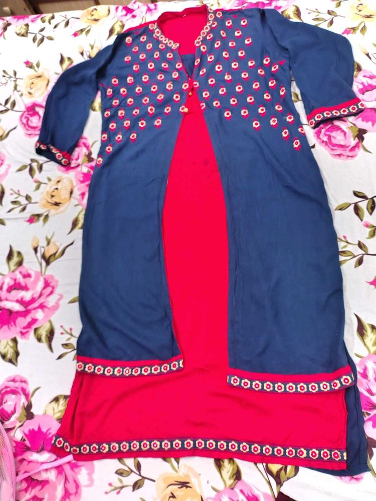 Blue &amp; Red Embroidered Kurta