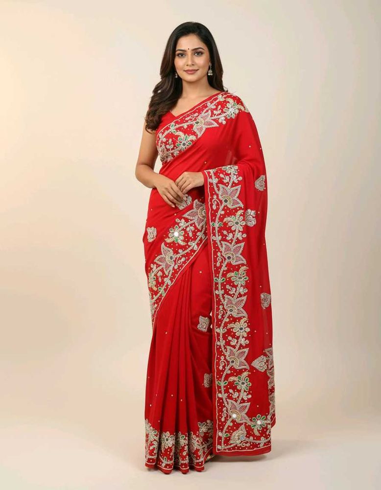 Elegant Red Embroidered Saree ...
