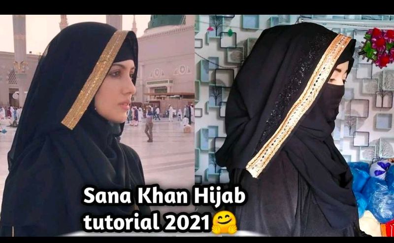 Sana Khan  Elegant Black Hijab with Gold Tr