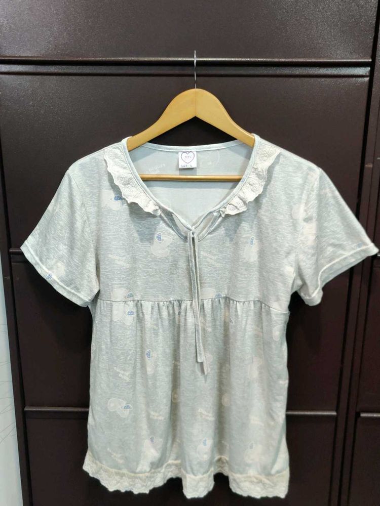 Cute Ruffled Top And Capri Set For Night Wear