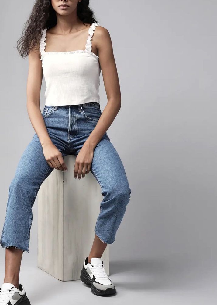 White Ruffle Crop Top worn only once
