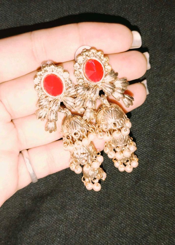 Red &amp; Gold Jhumka Earrings