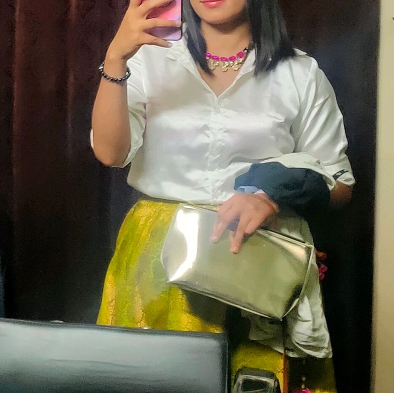 Get The Look. 1 Satin Shirt 1 Brocade Skirt With Necklace