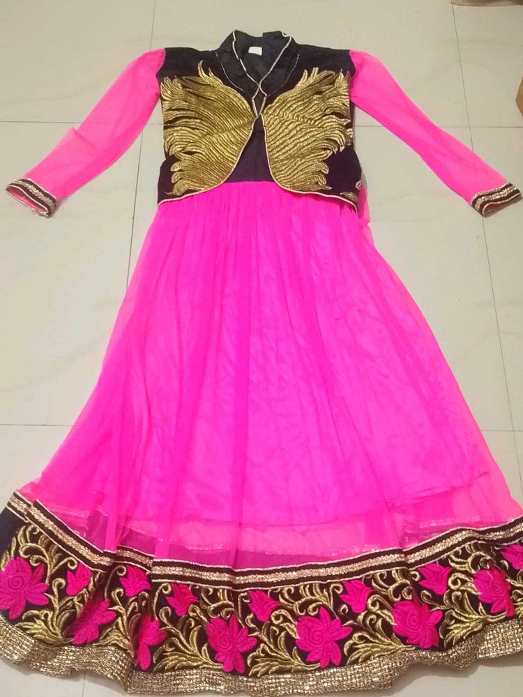 Girls' Pink Ethnic Dress with attached Jacket