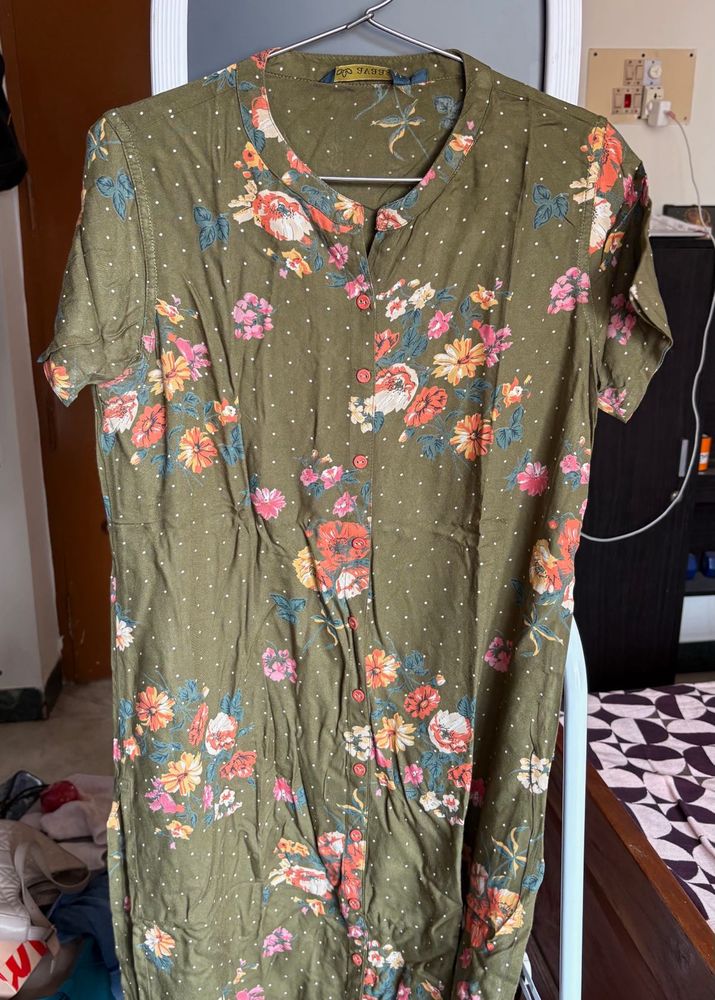 Green Floral Print Casual Kurti