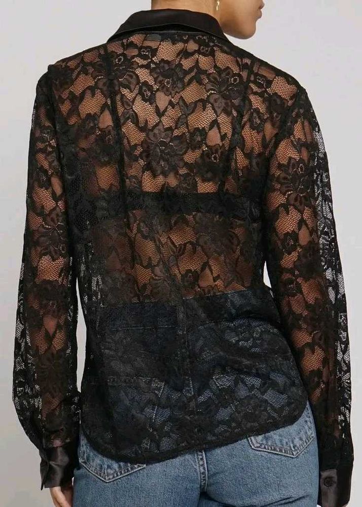 Elegant Black Lace Shirt Style Blouse