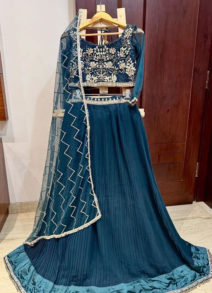Designer Hand Embroidered Teal Lehenga Choli