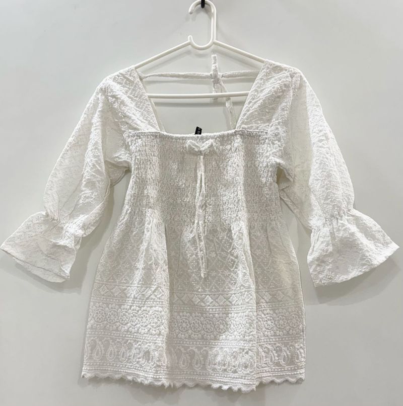 White Smocked Embroidered Top
