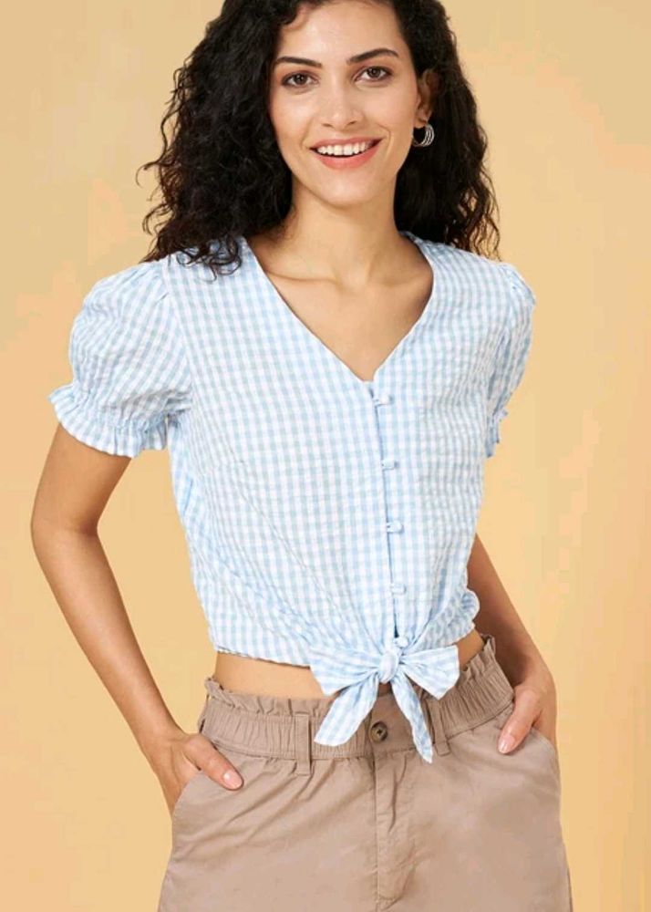 Gingham Printed Top With Tie Up