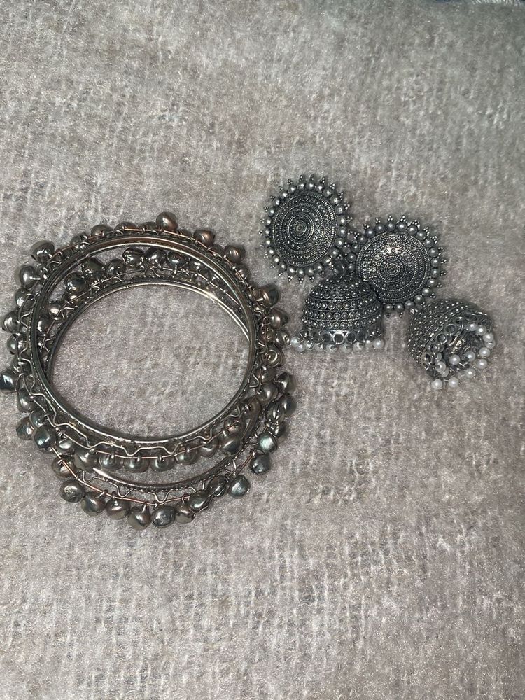 Silver Tone Bangle &amp; Jhumka Set