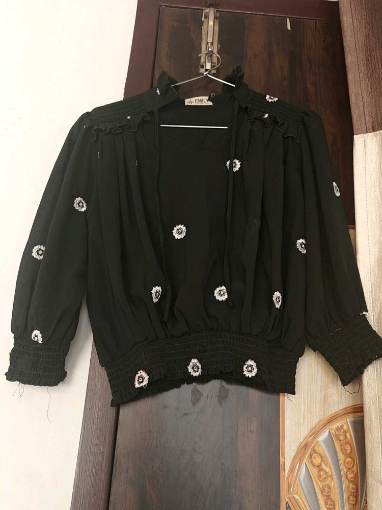Green Floral Embroidered Smocked Blouse
