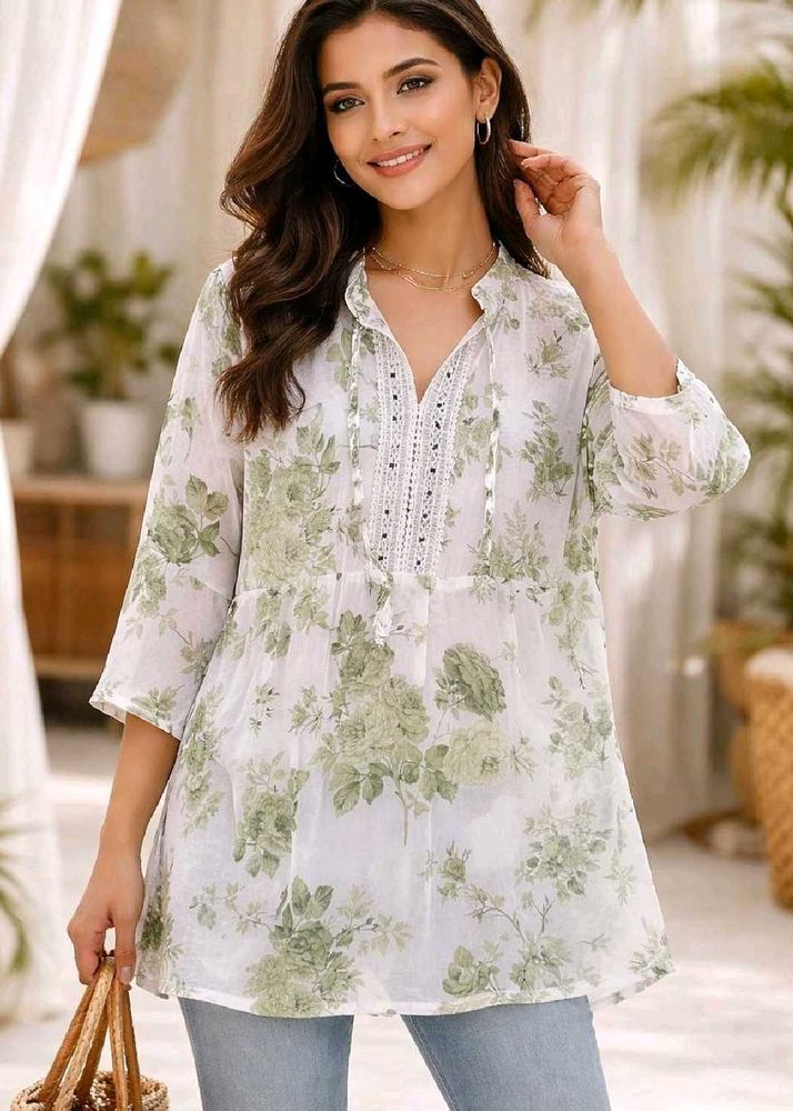 white &amp; sage green floral printed top 💚