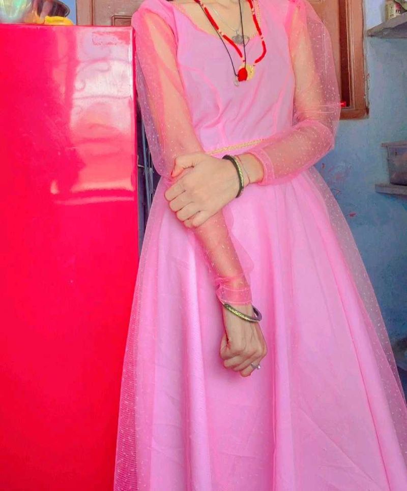 Pink Dress with Mesh Sleeves