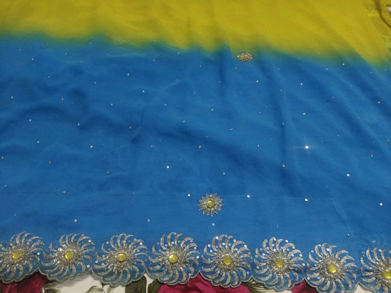 Original Georgette Blue &amp; Yellow Sari