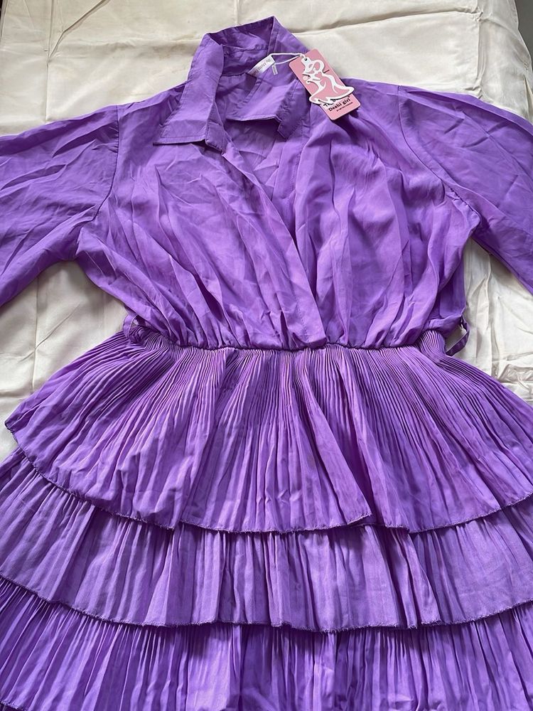 Pleated Ruffle Mini Shirt Dress