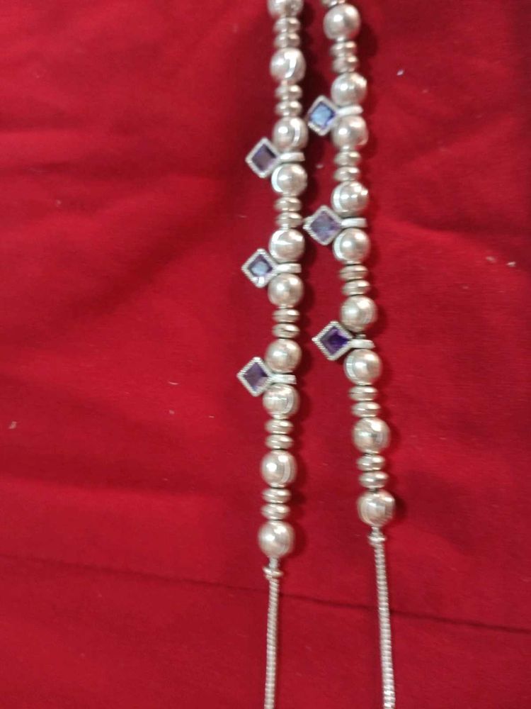 Silver Beaded Anklets with Purple Accents