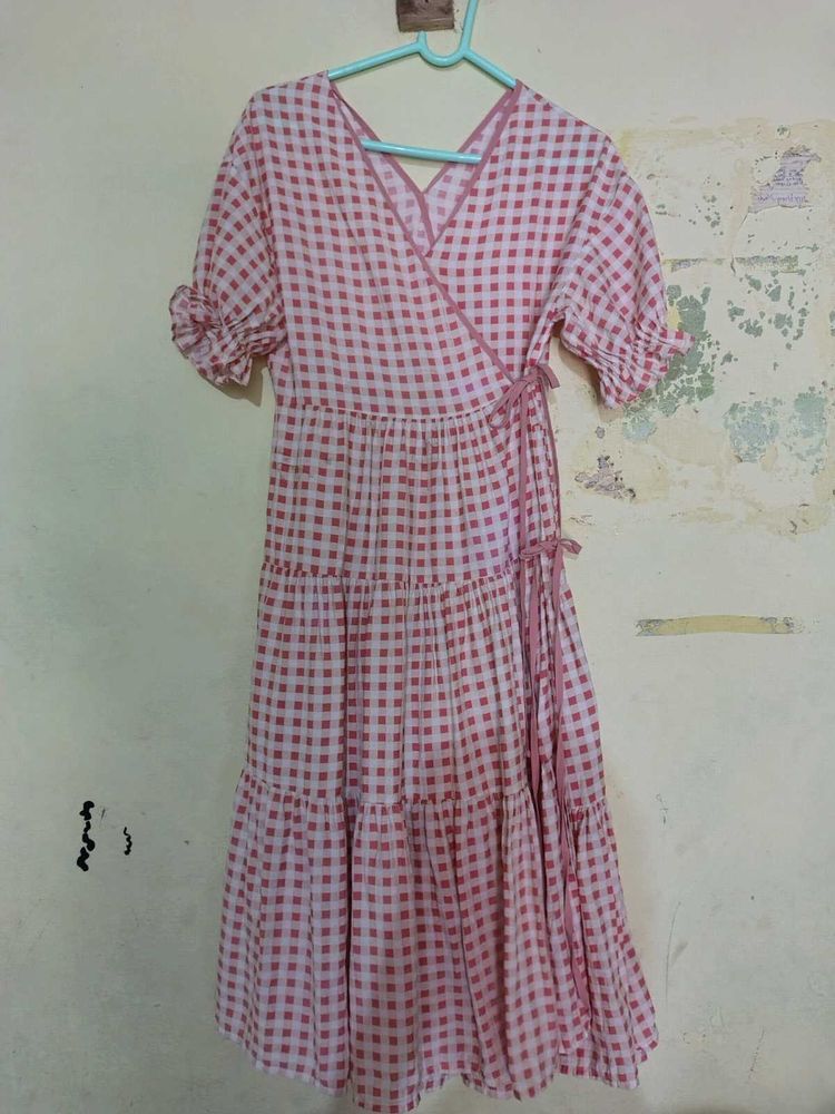 Pink Gingham Wrap Dress
