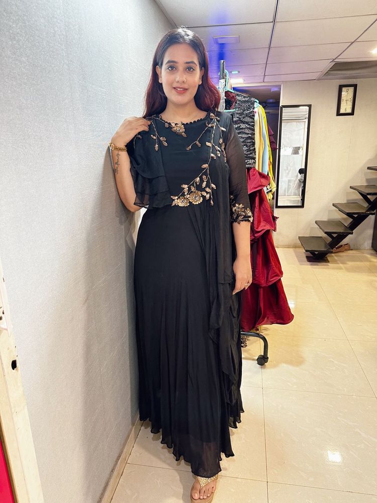 Black Indo Western Gown With Unique Sleeves