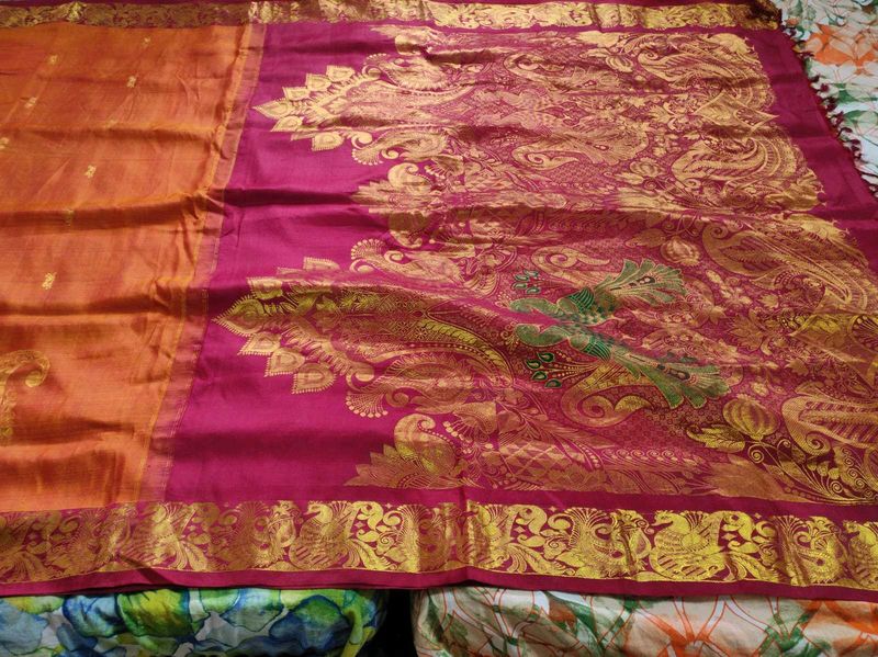 Traditional yellow and maroon Silk Saree