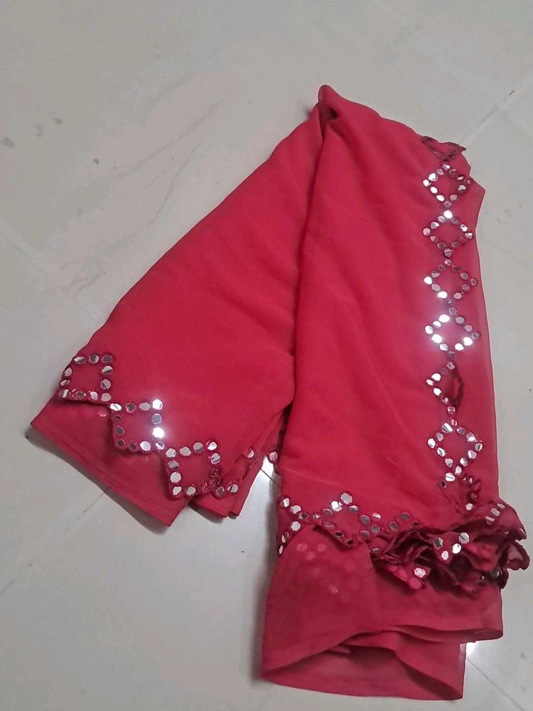 Red Mirror Work Saree