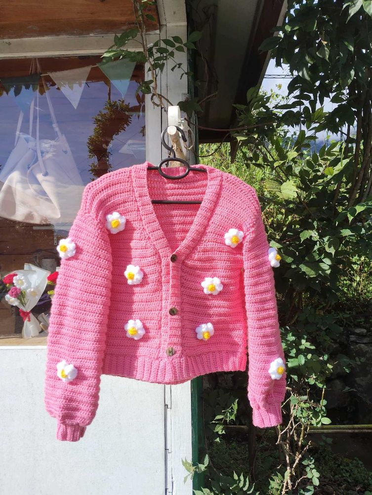 Pink Crochet Daisy Cardigan