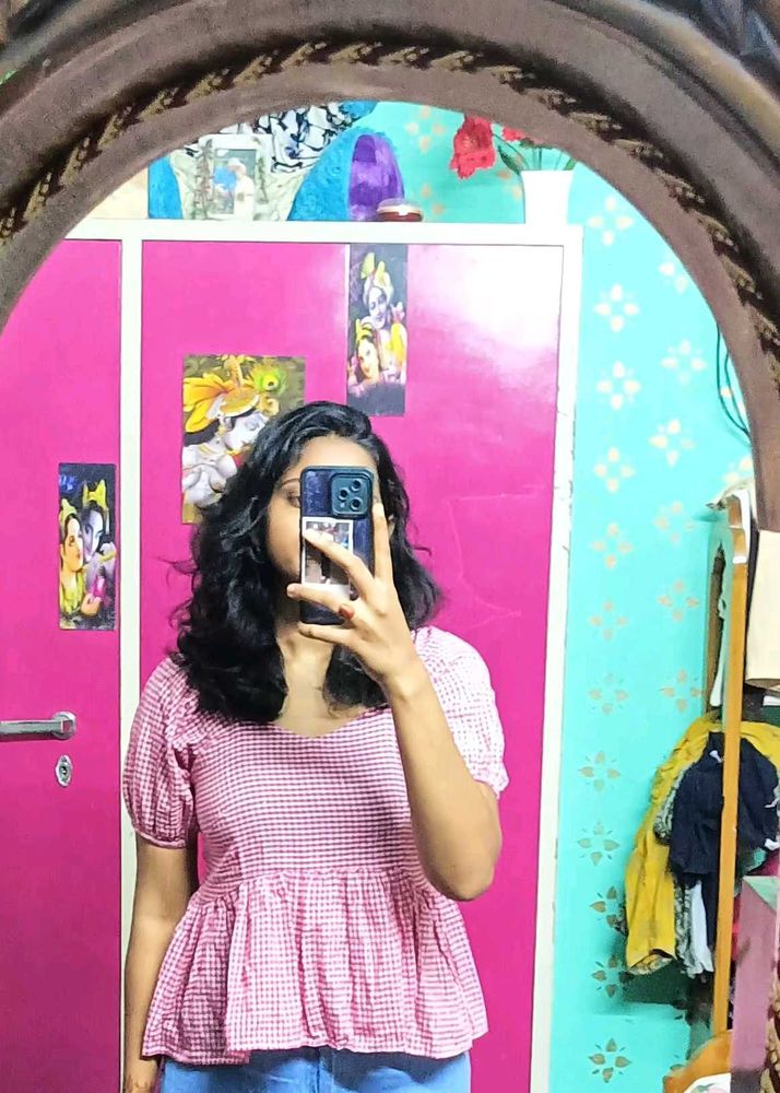 Pink Gingham Peplum Top