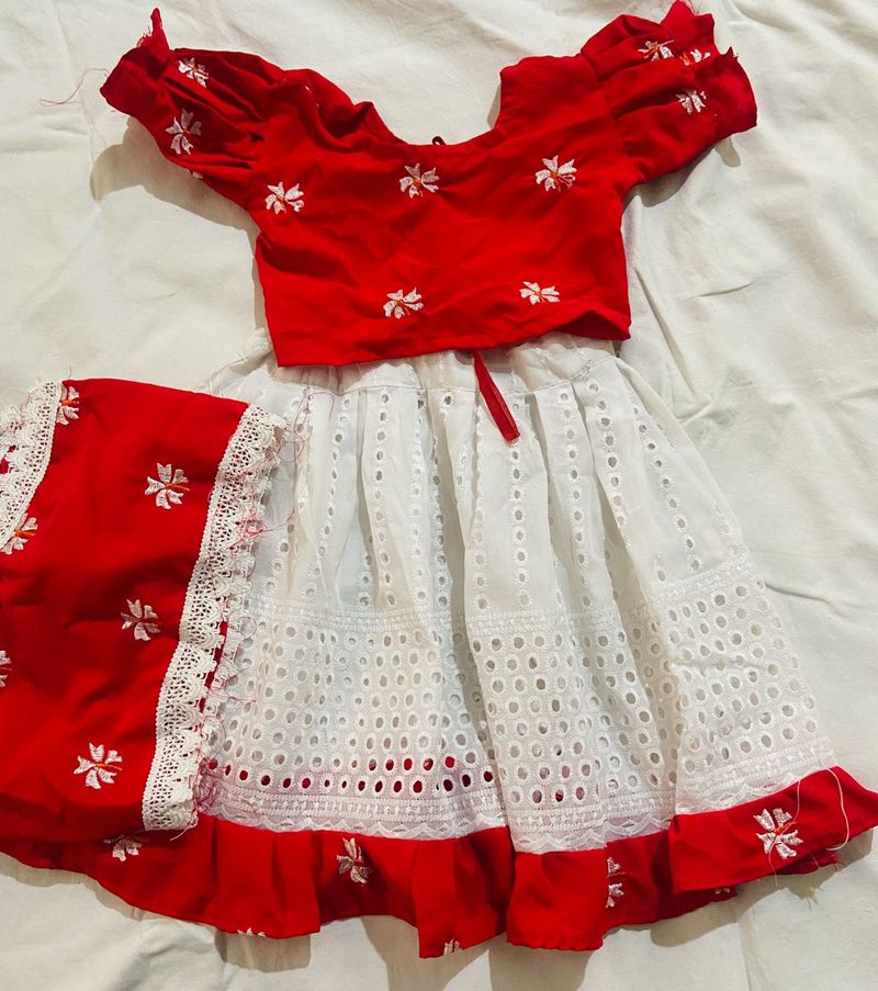 Red &amp; White Embroidered Kids Outfit