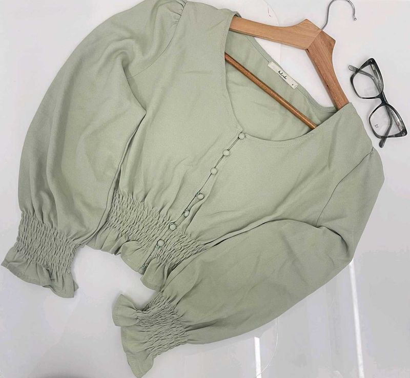 Sage Green Korean Smocked Top