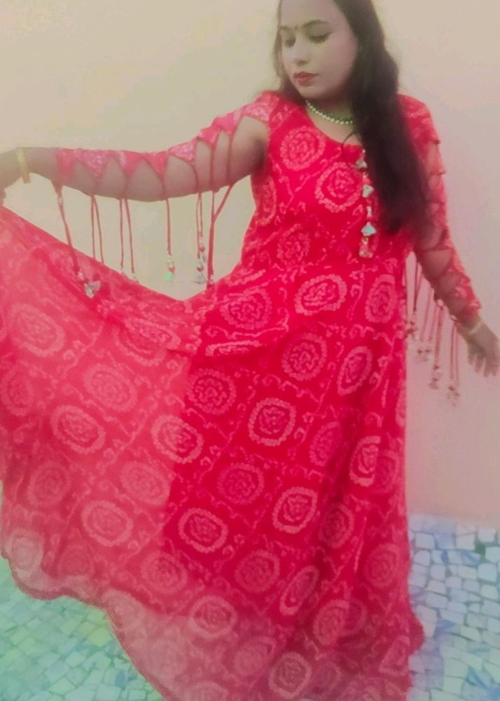 Red Bandhani Anarkali Dress