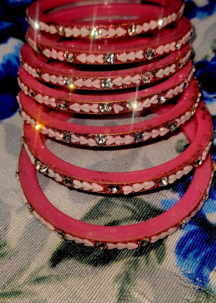 Pink &amp; Rhinestone Bangles (Set of 7)